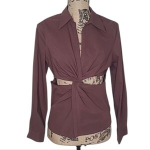 Love Tree Browm Twist Front Slit Opening Long Top Blouse